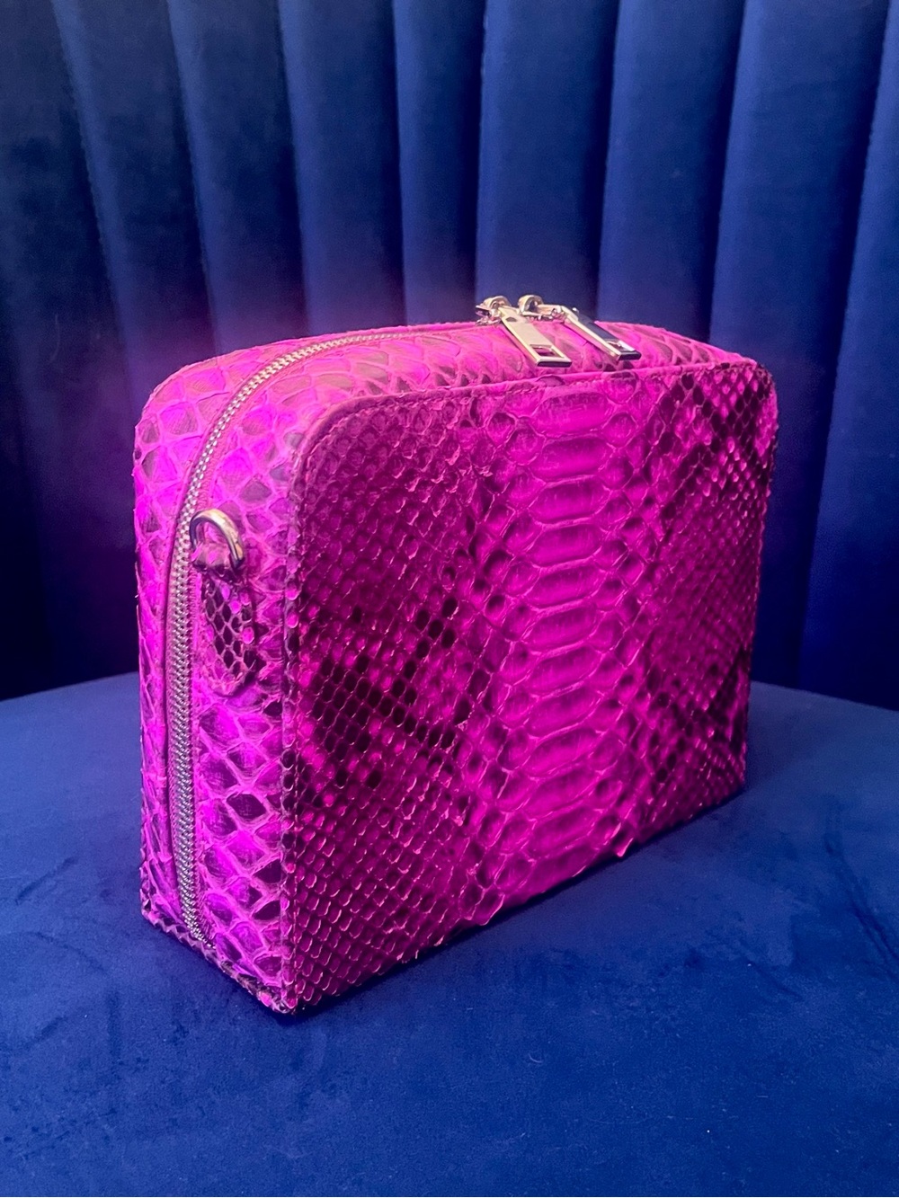 Fuchsia Genuine Python Crossbody – Real Snakeskin Shoulder Bag w Silver Hardware - Picture 8 of 16